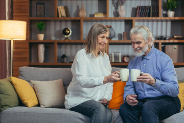Senior gray-haired married couple man and woman at home together, relaxing together in the evening,...