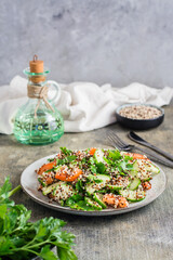 Homemade salad of cucumbers, tomatoes, quinoa mix and herbs on a plate on the table.