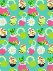 Seamless pattern with grapefruit and cupcakes on the blue background