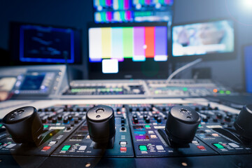 Camera control in production control. TV dish. Professional camera calibration buttons and controls. Foreground. Audiovisual studio - obrazy, fototapety, plakaty