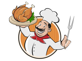 funny cartoon chef serving tasty roast chicken