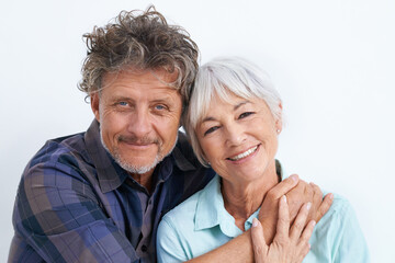 Love of their life. Portrait of an affectionate senior couple on a white background.