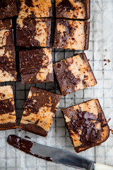 Delicious, sponge, freshly baked ,healthy, moist cakes with dark chocolate dessert or sponge cake with coffee glaze, cut into squares, top view.