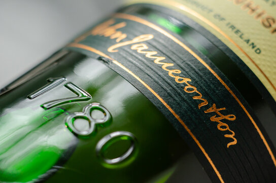 LONDON, UNITED KINGDOM -  FEBRUARY 04, 2022 Characteristic green bottle of Jameson Irish Whiskey distilled at the New Midleton Distillery in County Cork, Irland