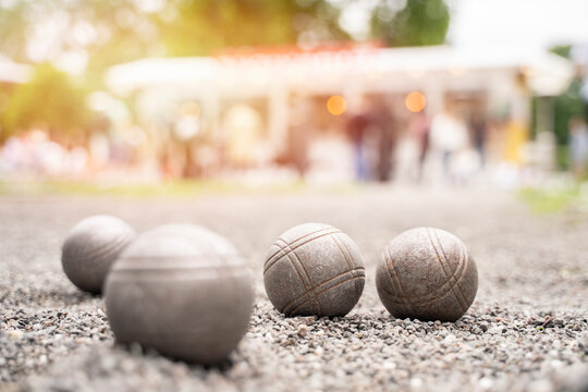 Close up metal balls on court petanque french outdoor game	