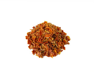  dried carrot pieces heap isolated on white background. Spices and food ingredients.