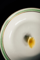 single cooked pasta shell in shallow bowl with green greek key