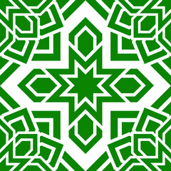 Arabic seamless pattern vector. Grean eastern repeated background. Traditional Saudi Arabia colors endless backdrop. Islamic decorative design. Abstract geometric template texture.