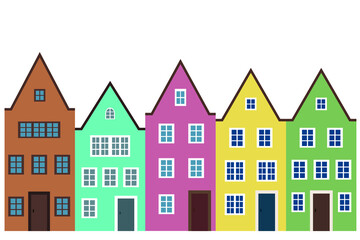 Multicolored houses on white background, flat vector, set of five houses