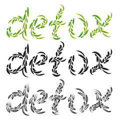 Set lettering detox from leaves on white background, Vector illustration for medical goods, food, drink design. Vector elements for labels, logos, stickers or badges.