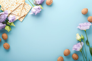 Naklejka na ściany i meble Pesach Jewish holiday. Passover celebration concept. Matzah, red kosher wine and walnut. Traditional ritual Jewish bread on light blue background. Passover food.