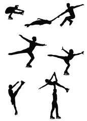 Figure skaters silhouettes isolated on white background. Pairs and singles competitions. Vector illustration.