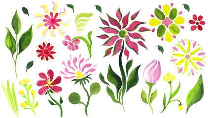 watercolour floral, delicate flowers, yellow,red and pink flowers set