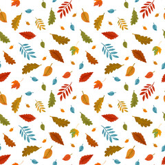 Vector autumn seamless pattern. Repeated fall texture. Cozy hand drawn seasonal background. Foliage