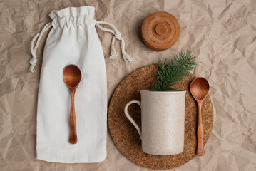 things made of recyclable ecological raw materials-a rag case,a cup, spoons, wooden products