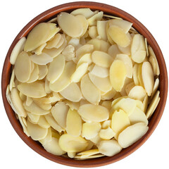Flaked almonds in a brown ceramic bowl. Isolated close-up photo of food close up from above on...