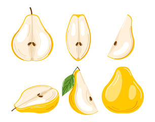 Yellow pears collection. Sweet slices, whole and half pear fruits set isolated on white background. Vector illustration.