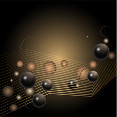 Vector abstract illustration with golden lines, balls and spheres on dark background