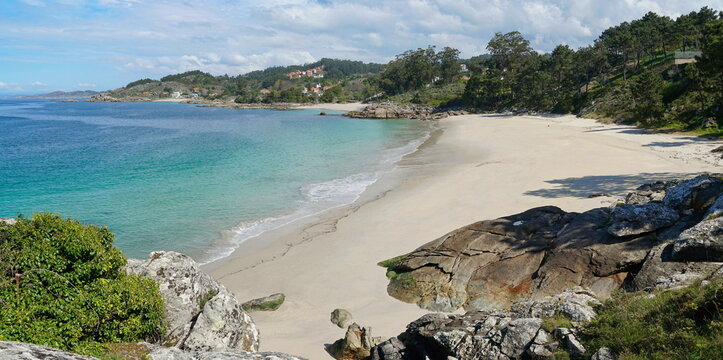 Coastline with sandy beach and rocks near Aldan in Galicia, Spain, Atlantic ocean, Pontevedra province, Rias Baixas, Areacova beach