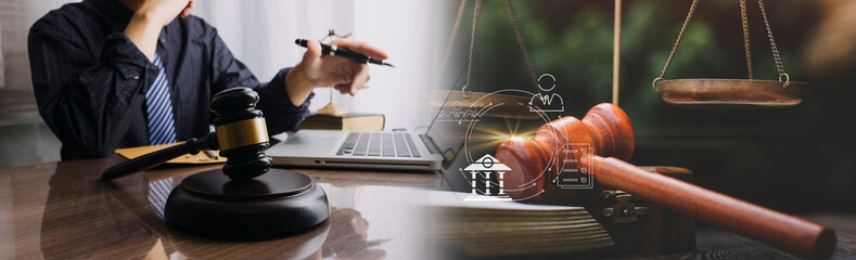 justice and law concept.Male judge in a courtroom on wooden table and Counselor or Male lawyer working in office. Legal law, advice and justice concept.