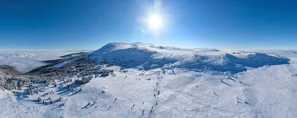 Obraz na płótnie Canvas Aerial Winter panorama of Vitosha Mountain, Bulgaria