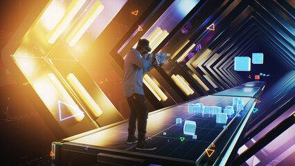An african american man wearing a virtual reality helmet in the cyberspace of the virtual world plays a video holographic game, by shooting 3D cubes that are thrown at him