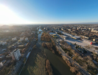 Fototapeta premium Aerial panorama of Maritsa river and panorama to City of Plovdiv, Bulgaria
