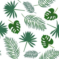 Green palm leaves on a white background in vector. Seamless exotic print for fabric, wallpaper. Tropical natural pattern.