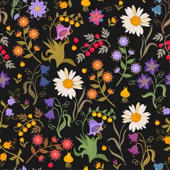 Luxury seamless ornament with fabulous flowers, leaves, berries, bulbs, isolated on black background in vector. Retro print for fabric, wallpaper. Slavic folk motifs.
