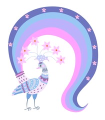 Funny bird peacock in pink and blue colors with a tail like a rainbow isolated on a white background. Design element.