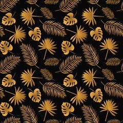 Fototapeta premium Royal ornament with golden palm leaves on a black background. Seamless exotic natural print for fabric, tapestry, wallpaper. Tropical pattern in vector.