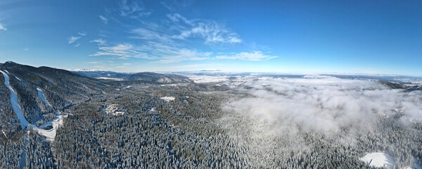 Aerial winter panorama of Rila Mountain near Borovets, Bulgaria