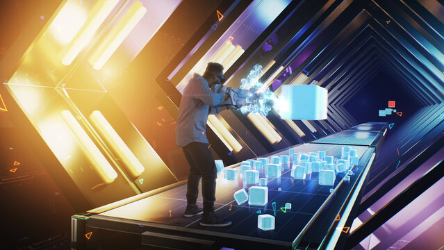 An african american man wearing a virtual reality helmet in the cyberspace of the virtual world plays a video holographic game, by shooting 3D cubes that are thrown at him