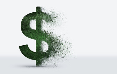 dollar sign crumbles into dust on a light gray background - obrazy, fototapety, plakaty