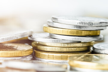 pile of coins close up, money and finance concept