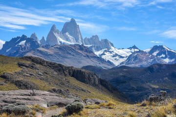 View of El Chaltén, Patagonia, and Mount Fitz Roy in the background. Located in the Patagonian...
