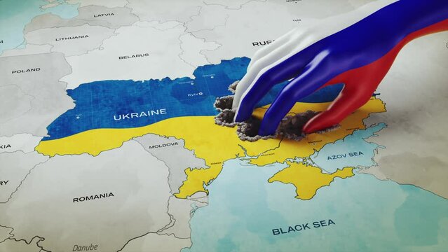 3D render concept of Russian occupation, a hand with a Russian flag texture takes away eastern Ukraine, taking away land then crumbles and collapses.