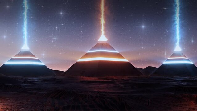Futuristic Egyptian Pyramids with Glowing Capstones - Sci-Fi Illuminated Desert Landscape Loop Video Background