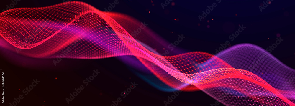 Poster Futuristic dots pattern on dark background. Colored music wave. Technology or Science Banner. 3D rendering