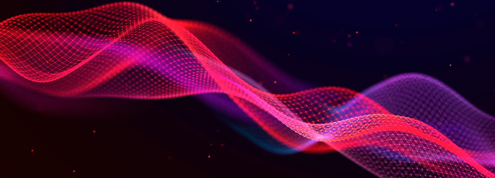 Futuristic dots pattern on dark background. Colored music wave. Technology or Science Banner. 3D rendering