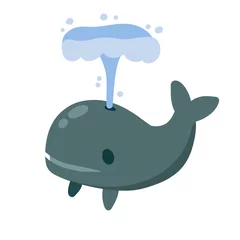 Gordijnen Leuke grappige walvis met waterfontein. Zeedier. Grappige blauwe potvis. Kinderen tekenen in Scandinavische stijl © Taras
