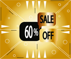 60 percent sale banner. Discount coupon for stores and products in golden color and black