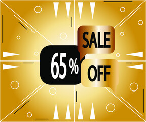 65 percent sale banner. Discount coupon for stores and products in golden color and black