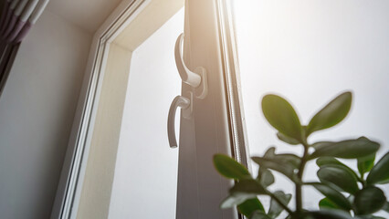 Open plastic window frame at home with green plant on windowsill side close view