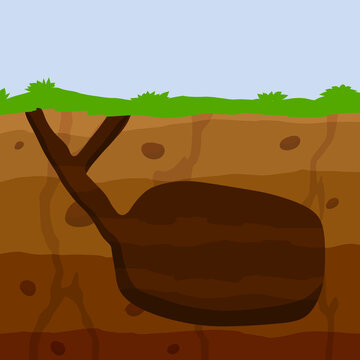 Animal hole and burrow. Scheme of hiding insects and rodents, mice in ground. Tunnels in ground. Underground background. Flat design