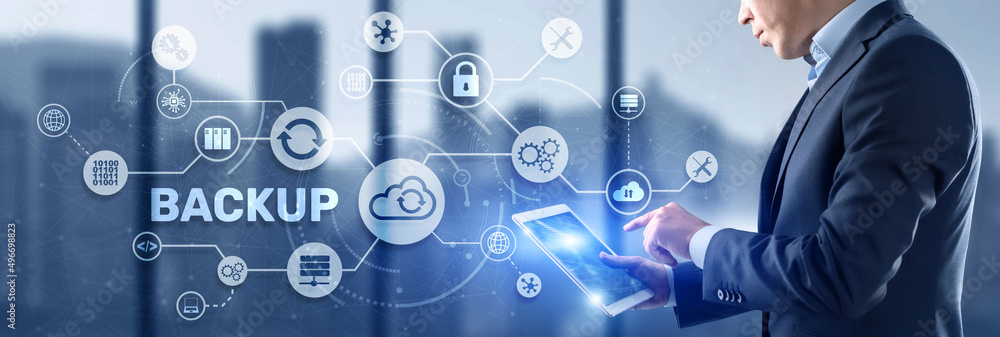Aufkleber backup storage data technology concept. businessman touching backup