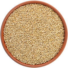 Quinoa white seed in a brown ceramic bowl. Isolated close-up photo of food close up from above on white background.