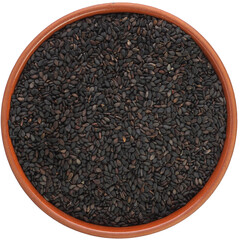 Black Sesame seed in a brown ceramic bowl. Isolated close-up photo of food close up from above on white background.