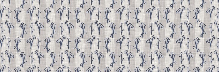 French blue botanical leaf linen seamless border with 2 tone country cottage style motif. Simple vintage rustic fabric textile effect. Primitive modern shabby chic kitchen cloth design.