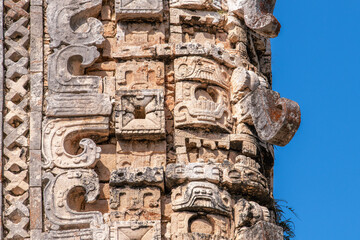 Mayan wall stone carvings at the Nunnery Quadrangle, Uxmal archaeological site, Yucatan, Mexico,...